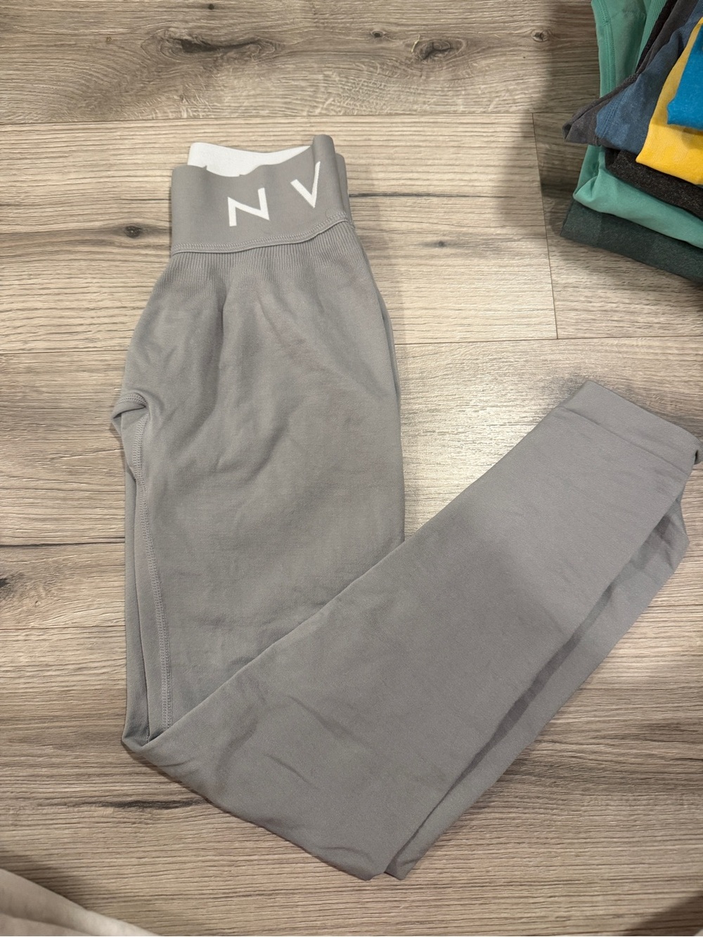 NVGTN Gray High-Waist Leggings with White Waistband Logo